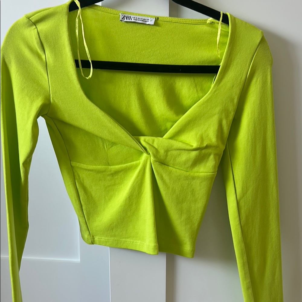 Zara Green Long Sleeve Crop Blouse with Tie Front